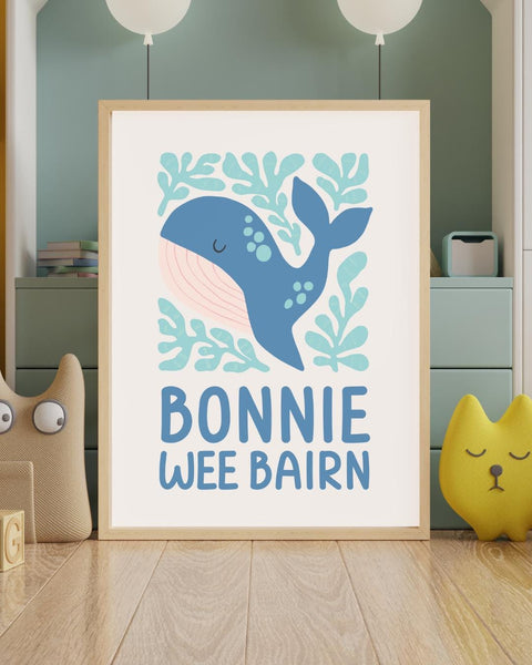 Bonnie Wee Bairn Whale Nursery Print, Scottish Baby Gift, Colourful Nursery Wall Art, Ocean Kids Print, Scots Nursery Decor