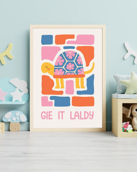 Gie It Laldy Scottish Nursery Print, Colourful Tortoise Wall Art, Scots Kids Room Decor, Positive Nursery Art, Scottish Baby Gift