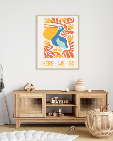 Here We Go Pelican Nursery Print, Colourful Kids Wall Art, Fun Nursery Decor, Scottish Kids Print, Playroom Wall Art, Baby Room Decor