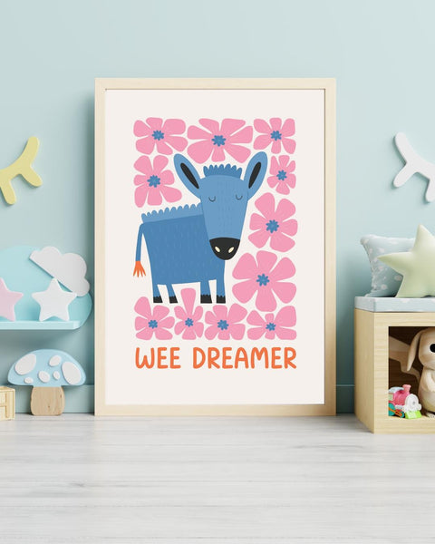 Wee Dreamer Scottish Nursery Print, Donkey Wall Art, Colourful Kids Room Decor, Scottish Baby Gift, Nursery Animal Print