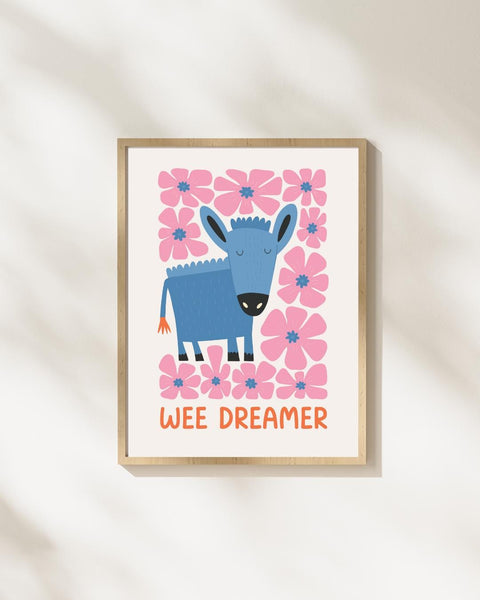 Wee Dreamer Scottish Nursery Print, Donkey Wall Art, Colourful Kids Room Decor, Scottish Baby Gift, Nursery Animal Print