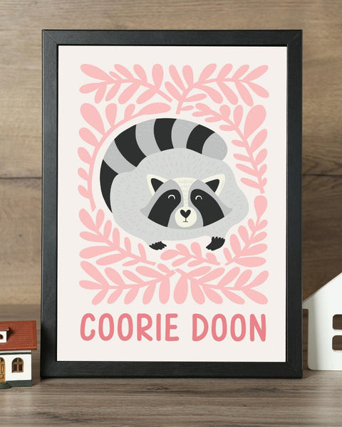 Scottish Raccoon Nursery Print, Coorie Doon Wall Art, Cute Scottish Baby Gift, Woodland Animal Nursery Decor, Kids Bedroom Print