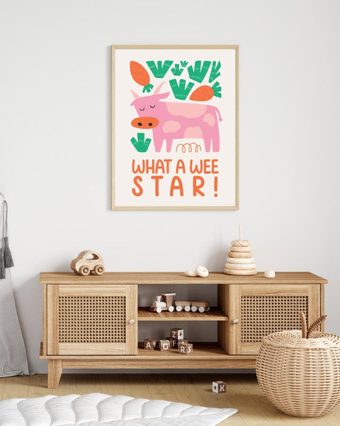 Scottish Cow Nursery Print, What A Wee Star Wall Art, Cute Farm Animal Nursery Decor, Scottish Baby Gift, Colourful Kids Room Print