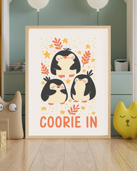 Coorie In Penguin Nursery Print, Scottish Kids Wall Art, Colourful Nursery Decor, Penguin Bedroom Print, Cosy Scottish Baby Gift