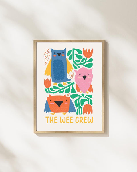 The Wee Crew Scottish Nursery Print, Colourful Owl Wall Art, Scots Kids Room Decor, Scottish Baby Gift, Animal Nursery Print