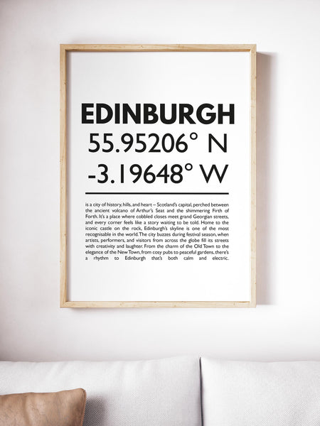 Edinburgh City Capital Latitude Longitude Definition UNFRAMED PRINT | Scots Room Home Decor | Scotland Gift Scottish Souvenir