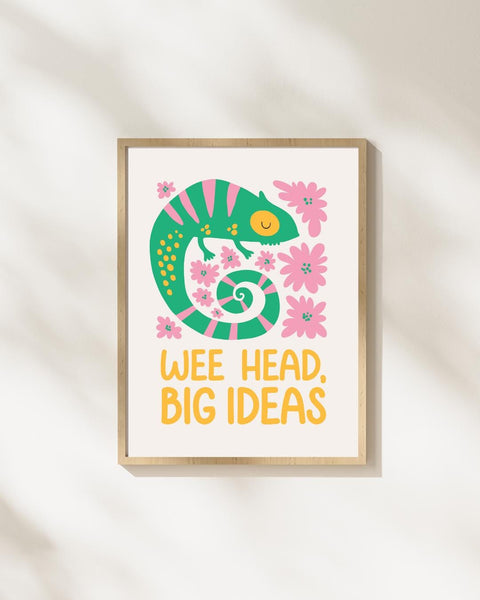 Wee Head Big Ideas Scottish Nursery Print, Colourful Chameleon Wall Art, Scots Kids Room Decor, Positive Nursery Art, Scottish Baby Gift