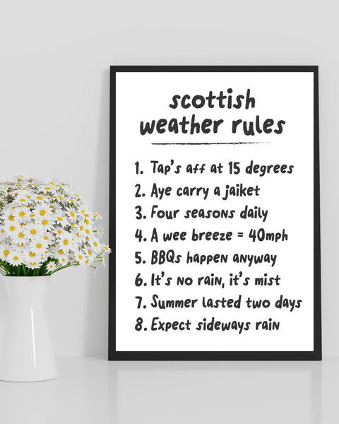 Scottish Weather Rules Print | Funny Scottish Wall Art | Scots Humour Decor | Scotland Gift | Housewarming Gift (Unframed)