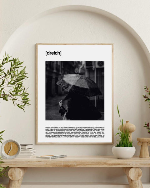 Dreich Unframed Print | Scottish Word Art | Minimalist Typography Poster | Scotland Home Decor | Friend Gift | Scotland Photography