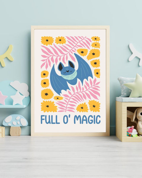 Scottish Bat Nursery Print, Full O’ Magic Wall Art, Cute Woodland Nursery Decor, Scottish Baby Gift, Colourful Kids Bedroom Print