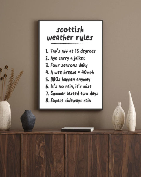 Scottish Weather Rules Print | Funny Scottish Wall Art | Scots Humour Decor | Scotland Gift | Housewarming Gift (Unframed)
