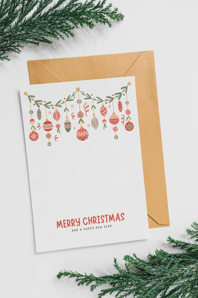 Merry Christmas Card | Christmas Bauble Card | A6 Xmas Greeting Card | Illustrated Festive Garland | Colourful Christmas Card