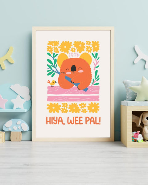 Hiya Wee Pal Koala Nursery Print, Scottish Kids Wall Art, Colourful Animal Nursery Decor, Fun Baby Room Print, Scottish Baby Gift
