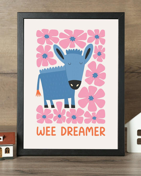 Wee Dreamer Scottish Nursery Print, Donkey Wall Art, Colourful Kids Room Decor, Scottish Baby Gift, Nursery Animal Print
