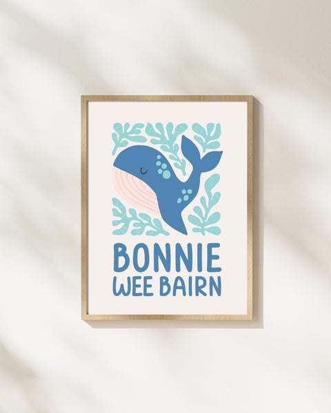 Bonnie Wee Bairn Whale Nursery Print, Scottish Baby Gift, Colourful Nursery Wall Art, Ocean Kids Print, Scots Nursery Decor