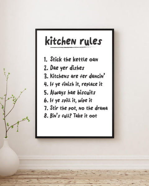 Scottish Kitchen Rules Print | Funny Scots Kitchen Wall Art | Kitchen Decor | Housewarming Gift (Unframed)