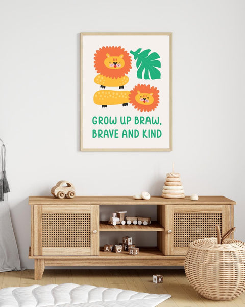 Grow Up Braw Brave and Kind Scottish Nursery Print, Lion Kids Wall Art, Colourful Scottish Baby Gift, Nursery Room Decor