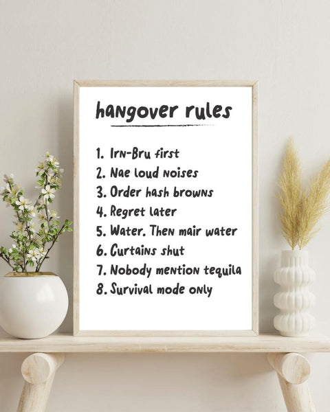 Scottish Hangover Rules Print | Funny Scottish Wall Art | Irn-Bru Gift | Pub Decor | Housewarming Gift (Unframed)