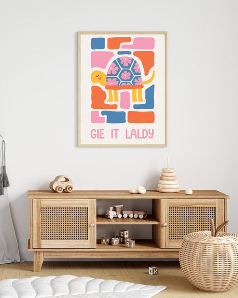 Gie It Laldy Scottish Nursery Print, Colourful Tortoise Wall Art, Scots Kids Room Decor, Positive Nursery Art, Scottish Baby Gift
