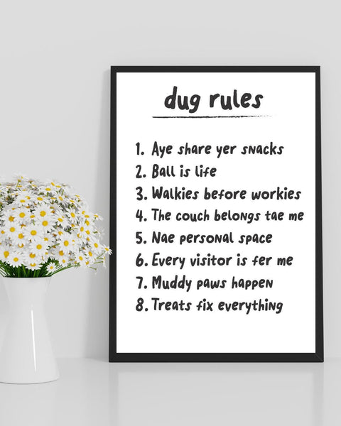 Scottish Dug Rules Print | Funny Dog Wall Art | Scots Language Pet Decor | Dog Lover Gift | House Rules Sign (Unframed)