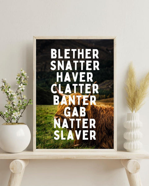 Scottish Words for Talking Print | Blether Clatter Banter Wall Art | Highland Cow Decor | Scots Language Gift (Unframed)