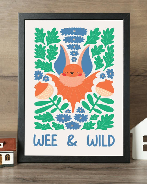 Scottish Bat Nursery Print, Wee & Wild Wall Art, Colourful Woodland Nursery Decor, Scottish Baby Gift, Kids Bedroom Print