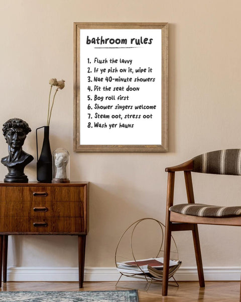 Scottish Bathroom Rules Print | Funny Scots Bathroom Wall Art | Bathroom Decor | Housewarming Gift (Unframed)