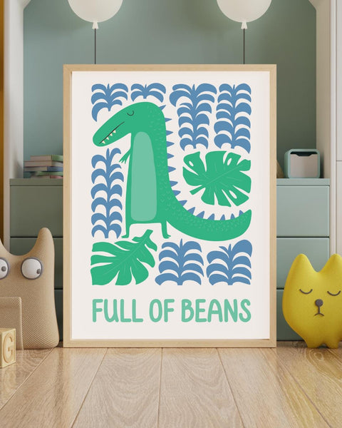 Full of Beans Dinosaur Nursery Print, Colourful Kids Wall Art, Fun Scottish Nursery Decor, Dinosaur Bedroom Print, Scottish Baby Gift