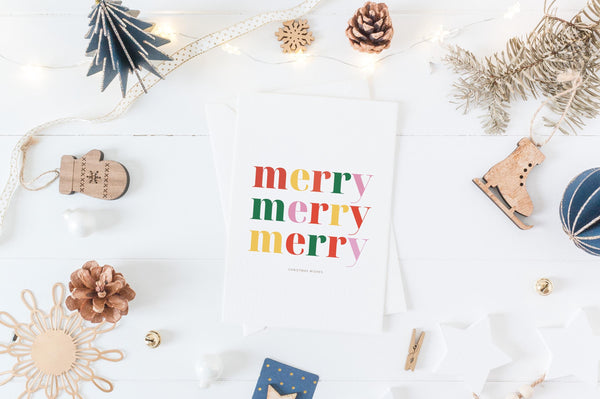 Merry Merry Merry Christmas Card | Colourful Christmas Card | A6 Xmas Greeting Card | Modern Typography Christmas Card | Festive Card