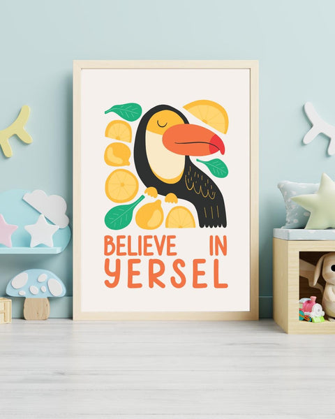 Believe in Yersel Nursery Print, Scottish Toucan Wall Art, Colourful Kids Room Decor, Positive Scots Quote, Scottish Baby Gift