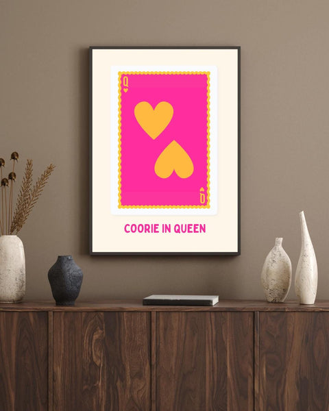 Coorie In Queen Print | Scottish Playing Card Wall Art | Pink Queen of Hearts Print | Scots Home Decor (Unframed)