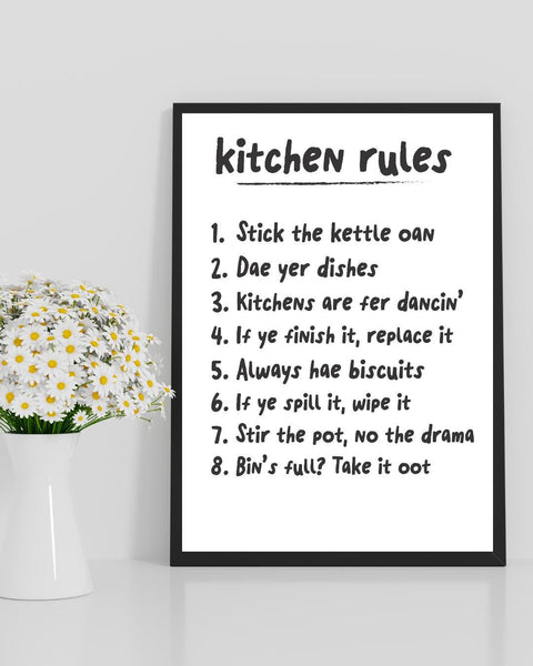 Scottish Kitchen Rules Print | Funny Scots Kitchen Wall Art | Kitchen Decor | Housewarming Gift (Unframed)