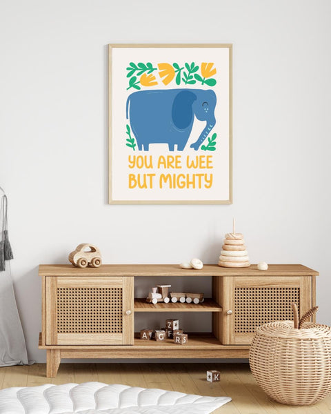 Scottish Elephant Nursery Print, You Are Wee But Mighty Wall Art, Scottish Baby Gift, Colourful Animal Nursery Decor, Kids Room Print