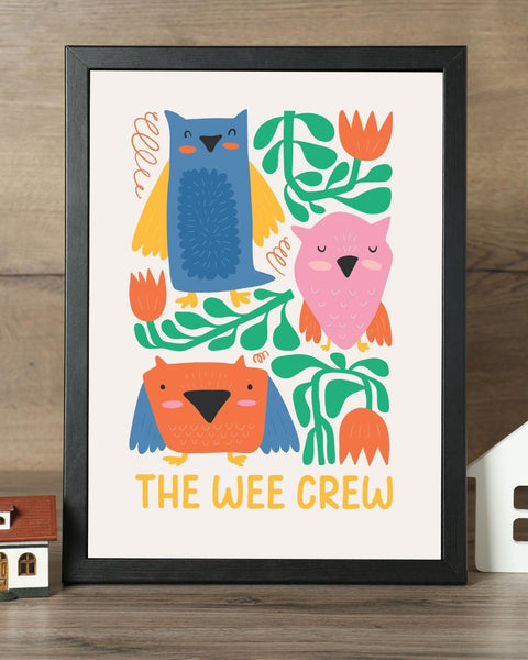 The Wee Crew Scottish Nursery Print, Colourful Owl Wall Art, Scots Kids Room Decor, Scottish Baby Gift, Animal Nursery Print