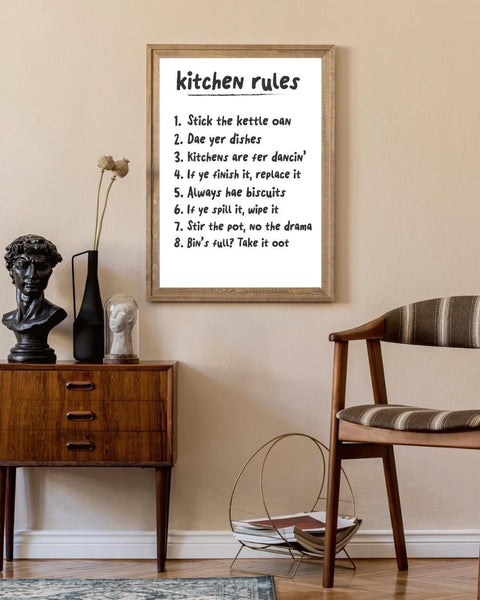 Scottish Kitchen Rules Print | Funny Scots Kitchen Wall Art | Kitchen Decor | Housewarming Gift (Unframed)