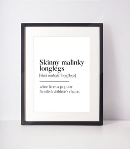 Skinny malinky longlegs Scottish Slang Definition Unframed Print