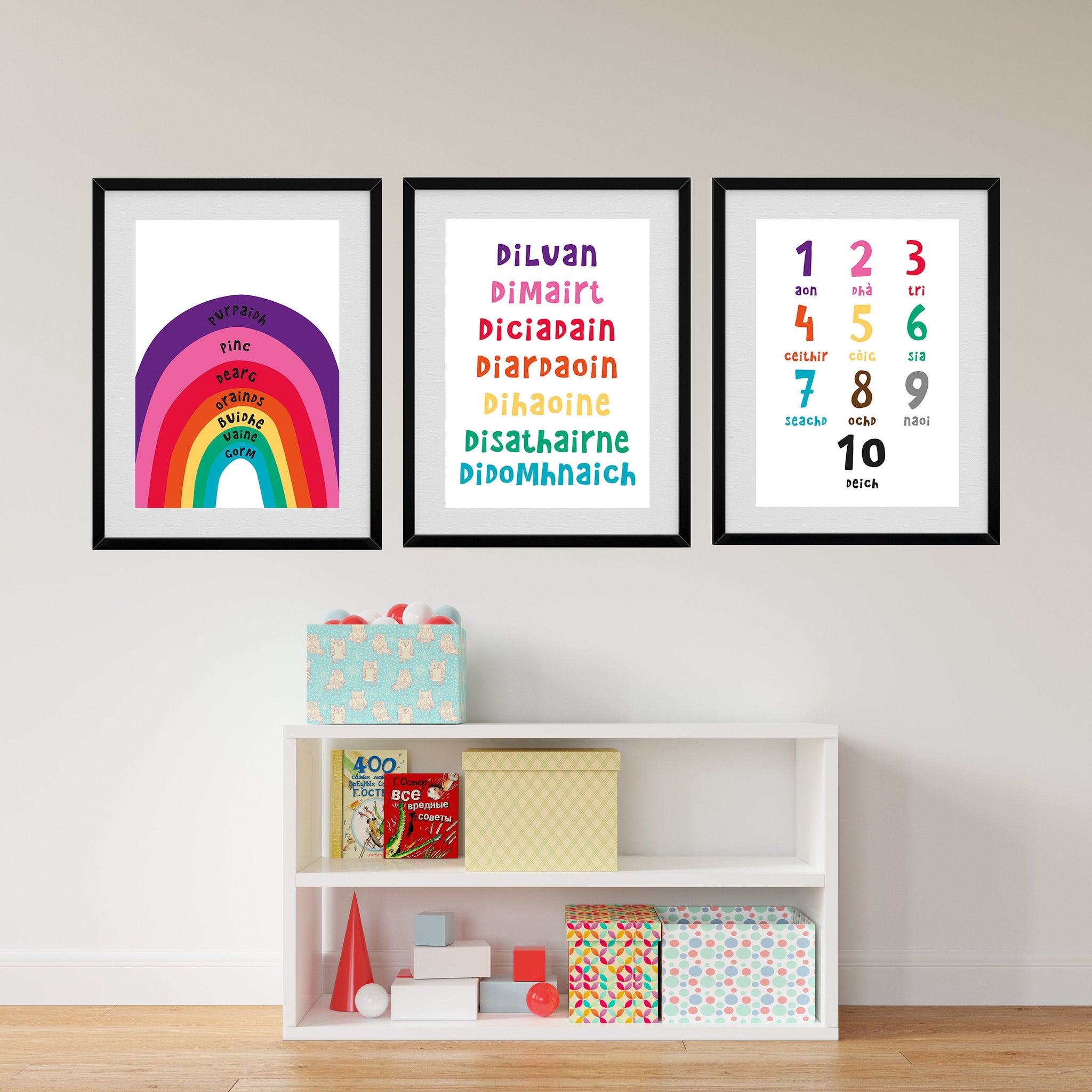 Gaelic Nursery Numbers Days of the Week Colour Trio of Unframed Prints