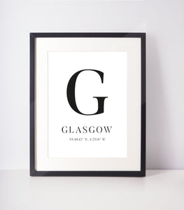 Glasgow Latitude Longitude Location Unframed Print