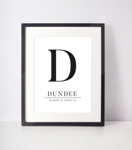 Dundee Latitude Longitude Location Unframed Print