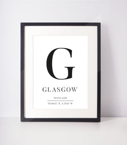 Glasgow Latitude Longitude Location Unframed Print