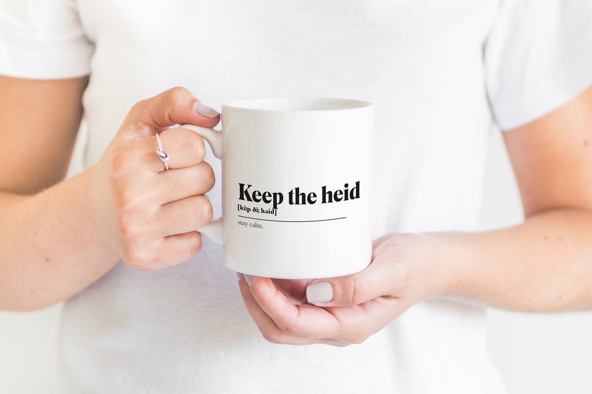 Keep the Heid Greeting Scots Saying Mug Housewarming Gift Minimalist Monochrome Typography Funny Scandi Scotland Slang Definition Scottish